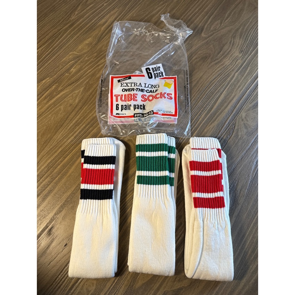 Vintage NOS Kmart Tube Socks Men 10-13 White Like 3 Pair Pack Extra Long Striped